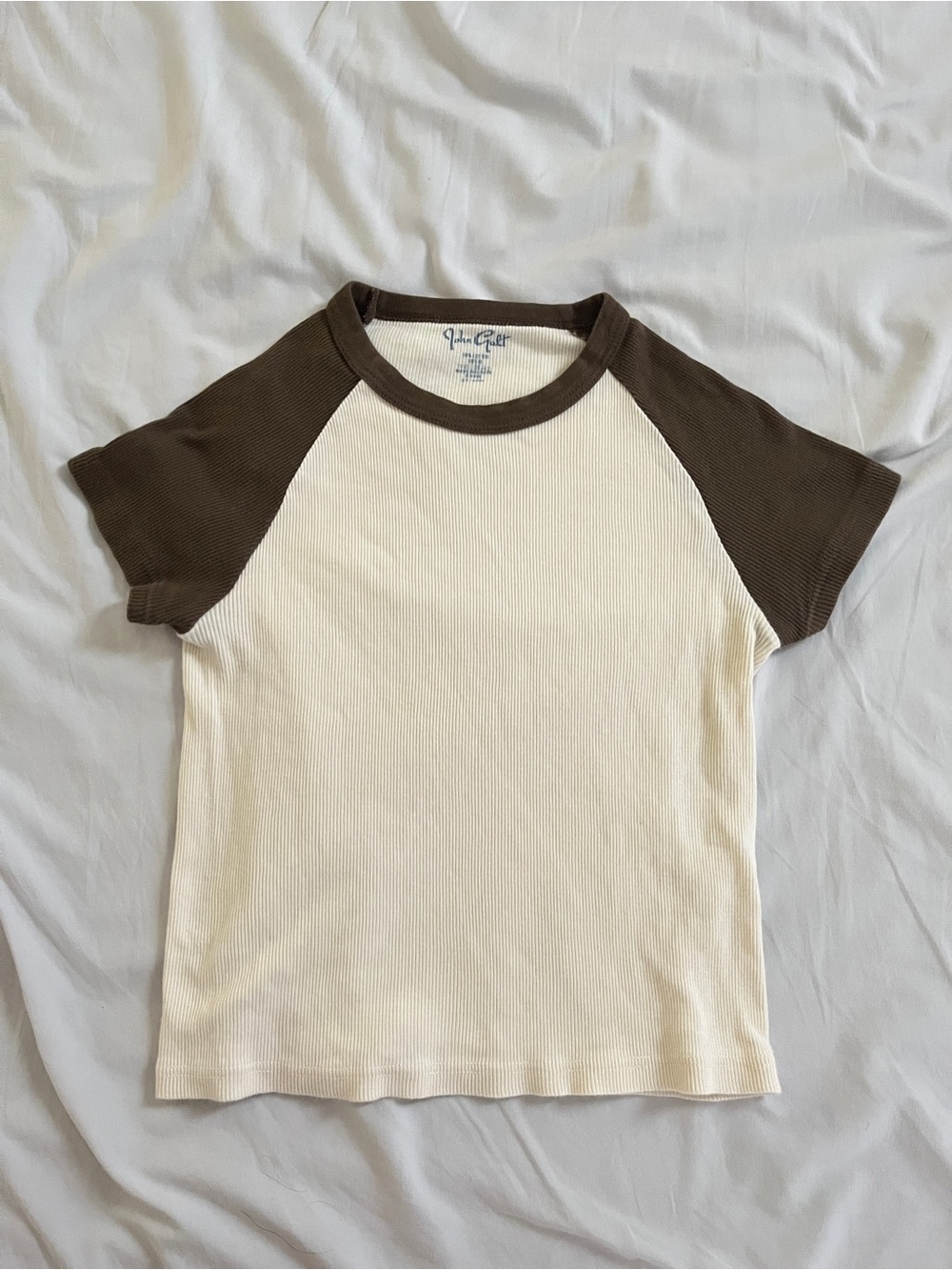 Brandy Melville Cream and Brown Short Sleeve Raglan Tee